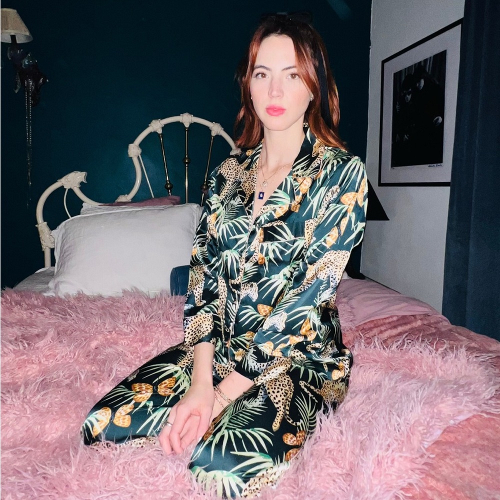Women's Silky Tropical Leopard Print Pajama Set